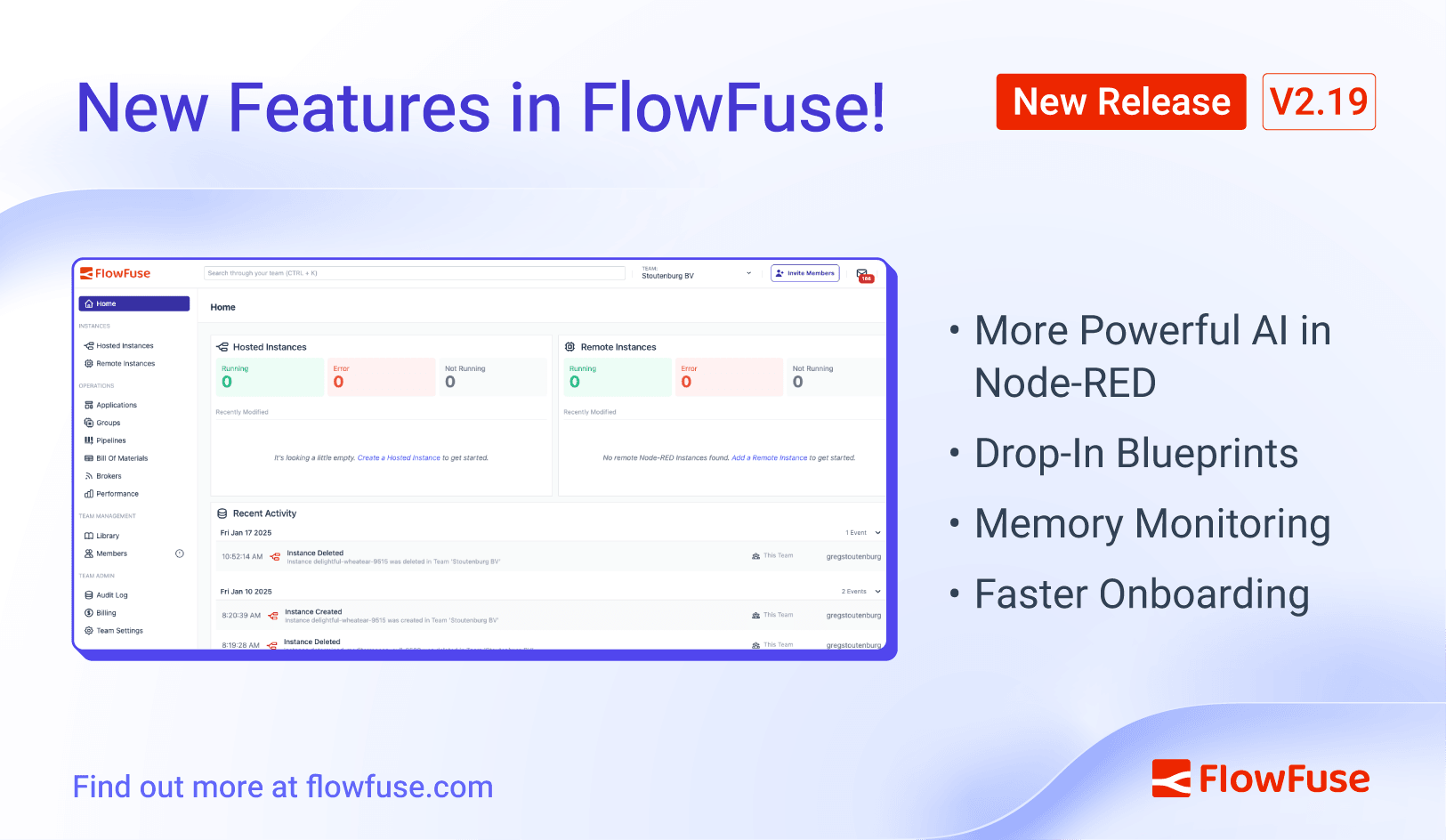 Image representing FlowFuse 2.19: More Powerful AI in Node-RED, Drop-In Blueprints, Memory Monitoring, and Faster Onboarding