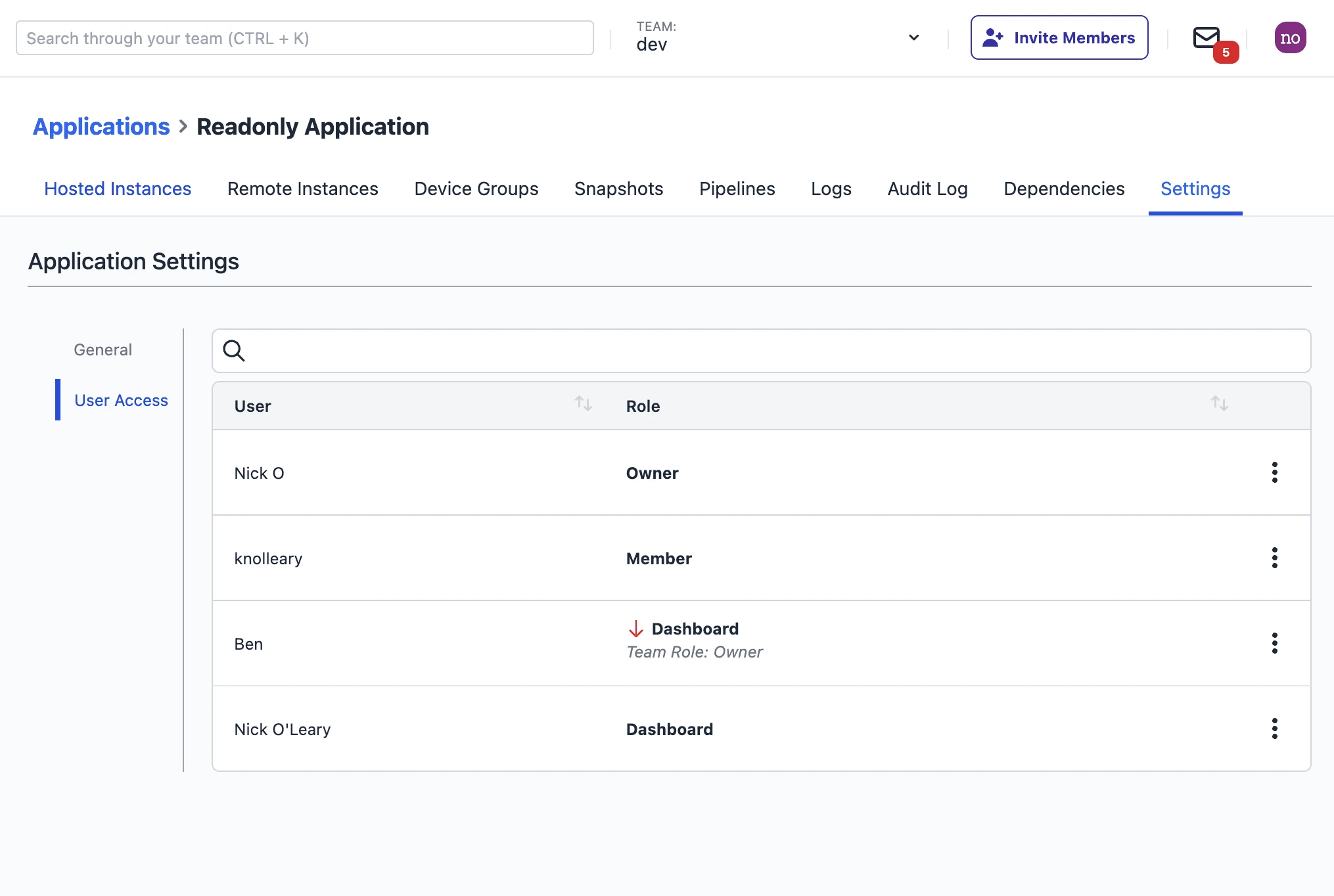 Application user access settings in FlowFuse, with owner, member and dashboard roles per user
